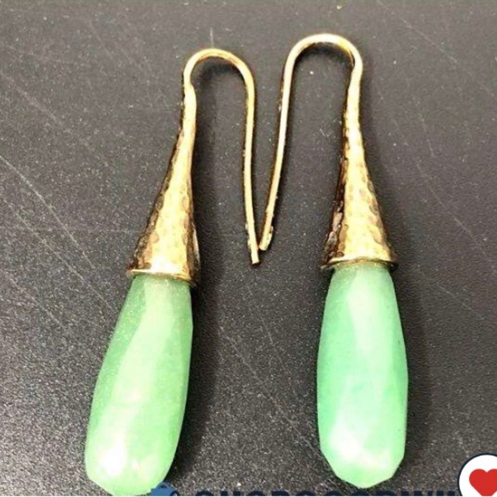 Gold plated signed B Italy Drop Earrings with Mint Green Teardrop Jadeite Stones